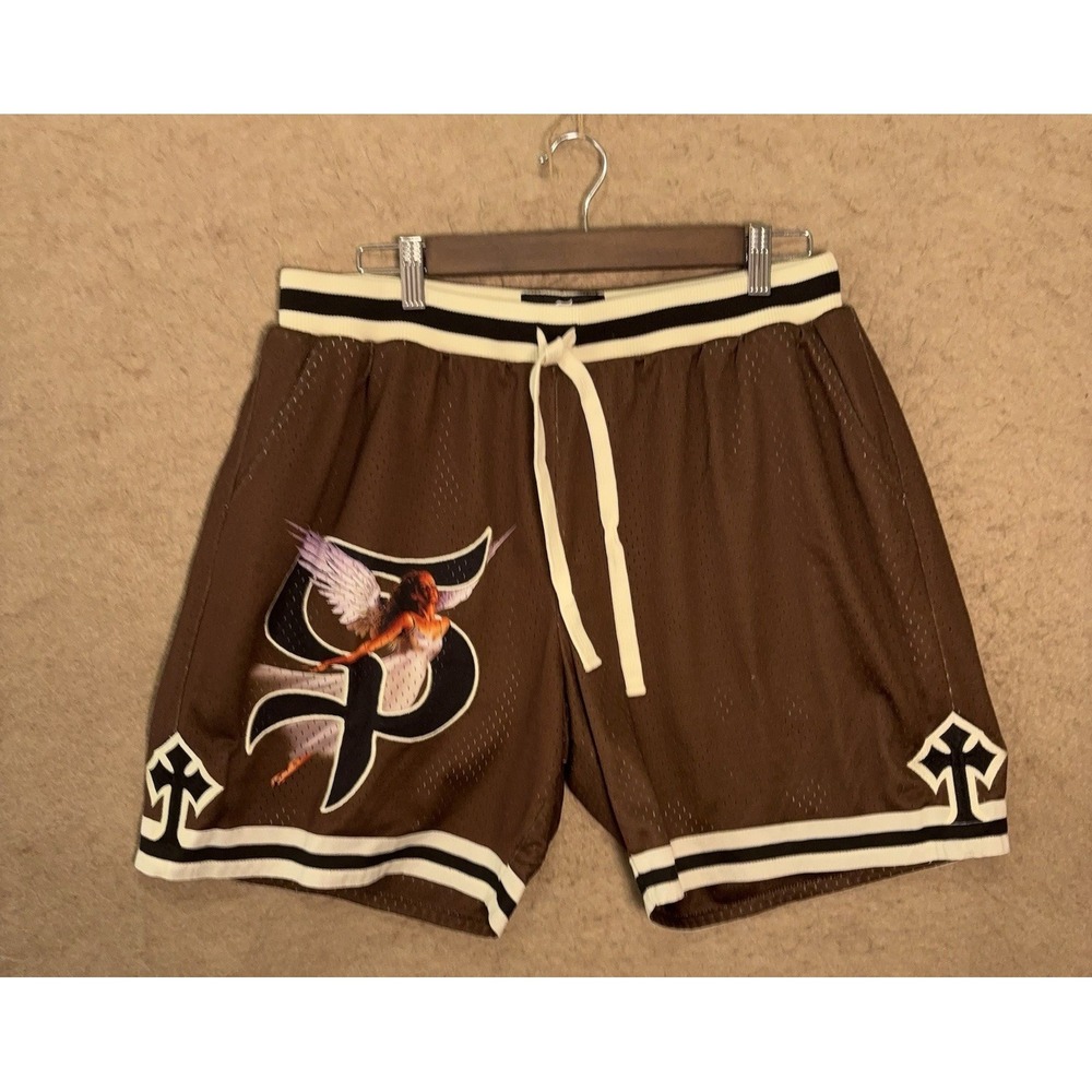 Saint Potential Shorts Mens XL Brown‎ Angel Graphic Mesh Basketball Streetwear